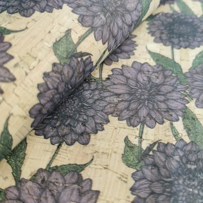 This is a dahlia printed pattern on cork fabric