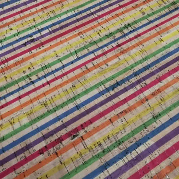 This is a rainbow printed pattern on cork fabric