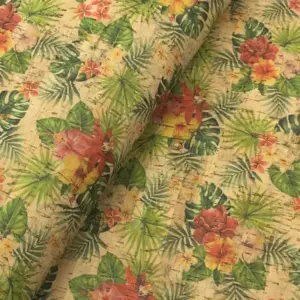 This is a tropical flowers printed pattern on cork fabric