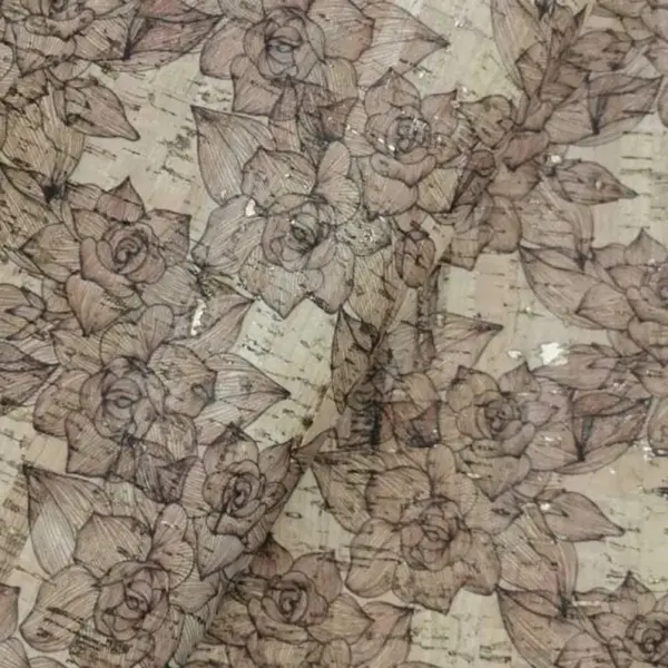 This is a brown roses printed pattern on cork fabric