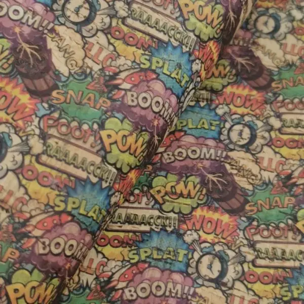 This is a cartoon printed pattern on cork fabric