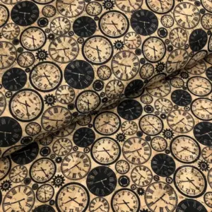 This is a clocks printed pattern on cork fabric