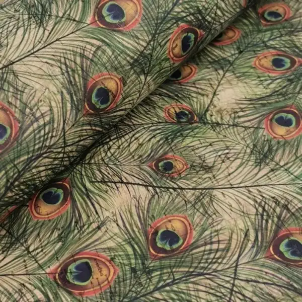 This is a feathers printed pattern on cork fabric