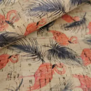 This is a flamingo printed pattern on cork fabric