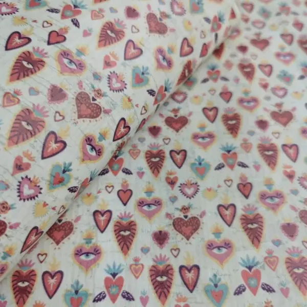 This is a hearts printed pattern on cork fabric