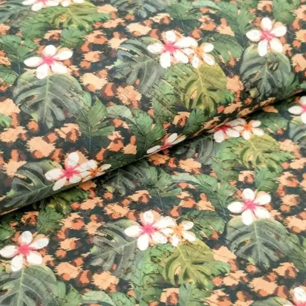 This is a leopard flowers printed pattern on cork fabric