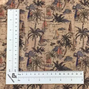 This is a palm trees printed pattern on cork fabric