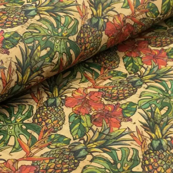 This is a pineapples printed pattern on cork fabric