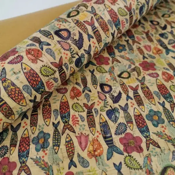 This is a sardines printed pattern on cork fabric