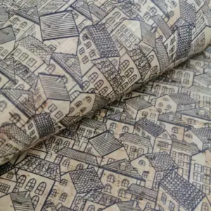 This is a houses printed pattern on cork fabric