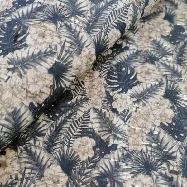 This is a leafs printed pattern on cork fabric