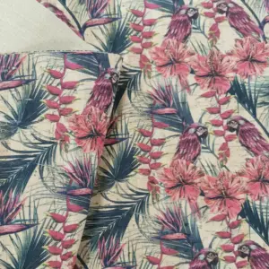This is a parrot printed pattern on cork fabric