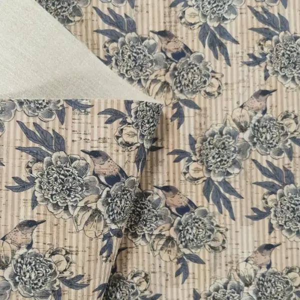 This is a birds printed pattern on cork fabric