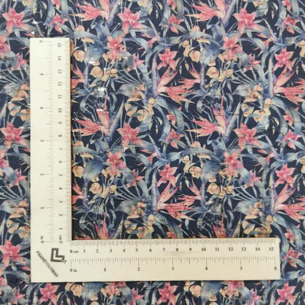 This is a tropical flowers printed pattern on cork fabric