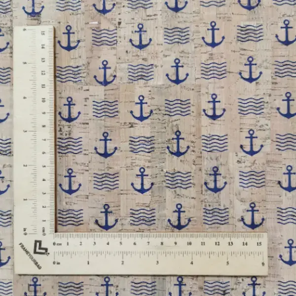 This is a navy printed pattern on cork fabric