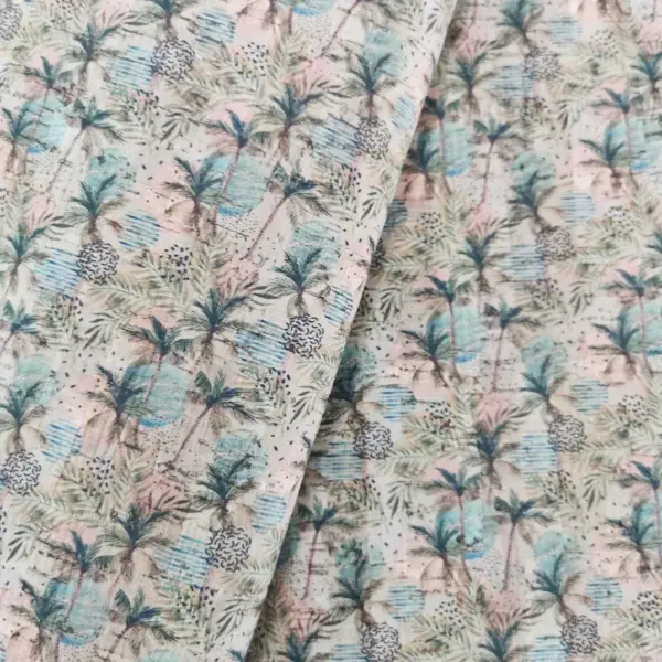 This is a tropical printed pattern on cork fabric