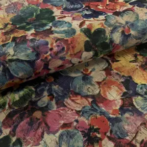 This is a big flowers sublimated pattern on natural rustic cork fabric