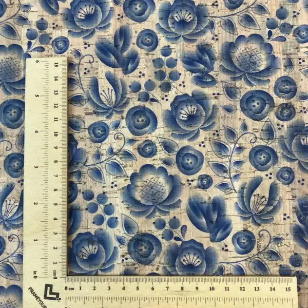 This is a flowers printed pattern on natural rustic cork fabric